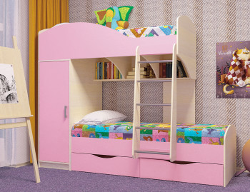 Кровать детская Жемчужина двухместная 1.8 Дуб молочный/Розовый в Верх-Ирмени - verh-irmen.mebel54.com | фото